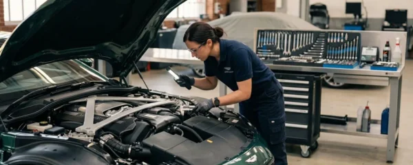 Mécanicien spécialisé inspectant le moteur d'une Aston Martin Vantage dans un atelier indépendant haut de gamme