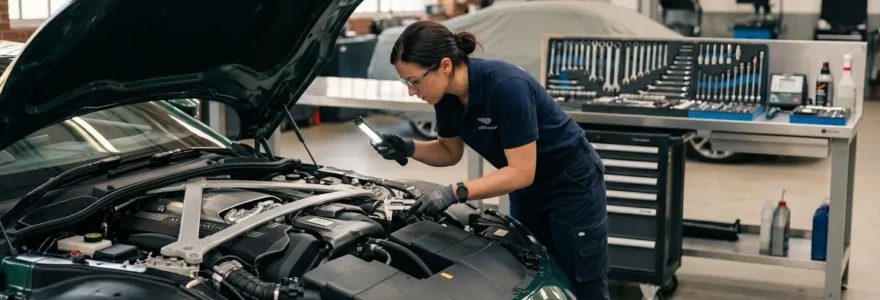 Mécanicien spécialisé inspectant le moteur d'une Aston Martin Vantage dans un atelier indépendant haut de gamme