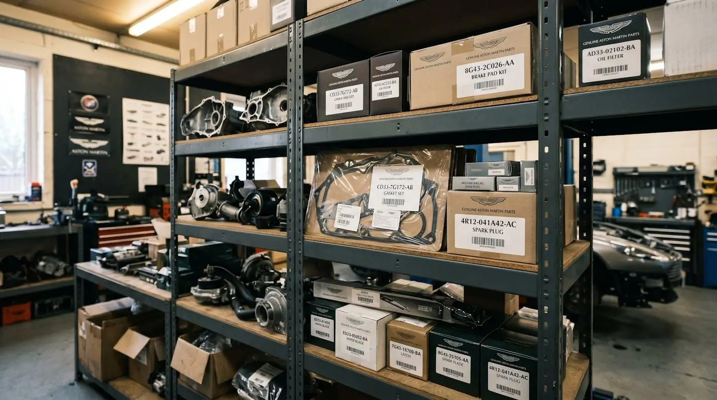 Pièces détachées Aston Martin originales rangées sur des étagères d'un atelier spécialisé avec étiquettes de référence constructeur